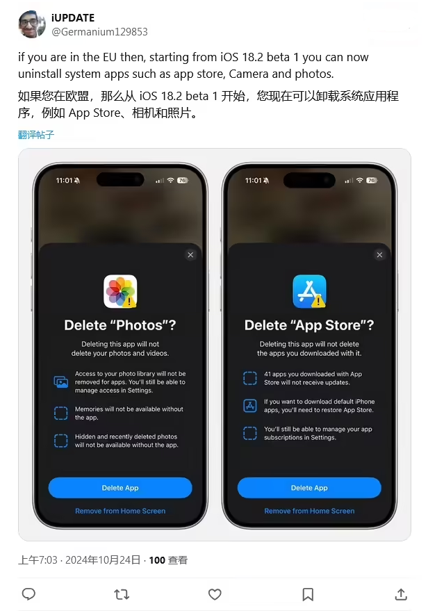 东港苹果手机维修分享iOS 18.2 支持删除 App Store 应用商店 